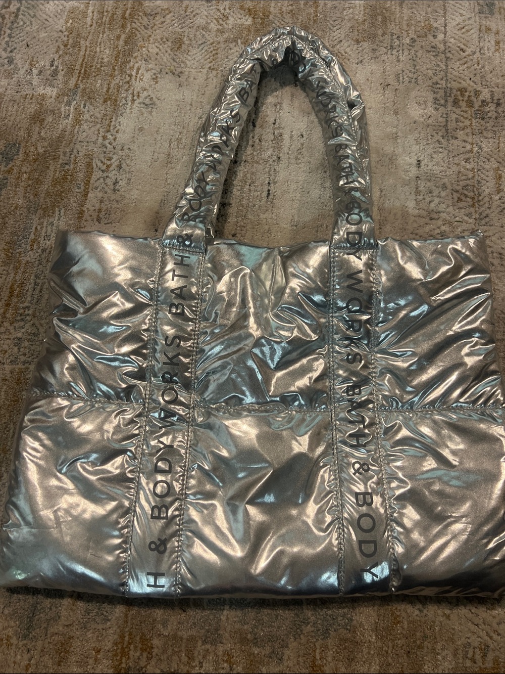 Bath & Body Works Metallic Silver Quilted Tote Bag puffer